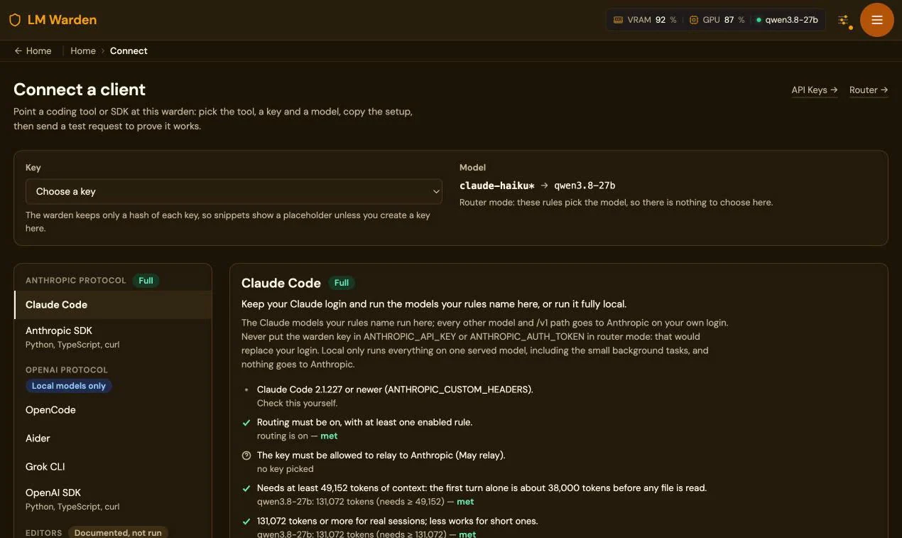 The Connect a client page: a key picker, the router rule claude-haiku* to qwen3.8-27b, clients grouped by protocol, and the Claude Code panel with its requirements checked