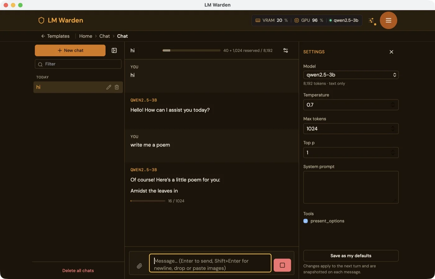 The chat in the Mac app’s dashboard window, streaming from qwen2.5-3b with GPU 96% in the header