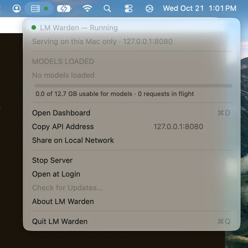 The LM Warden menu-bar menu on a Mac: Running, serving on this Mac only at 127.0.0.1:8080, no models loaded, a memory bar, Open Dashboard, Copy API Address, Share on Local Network